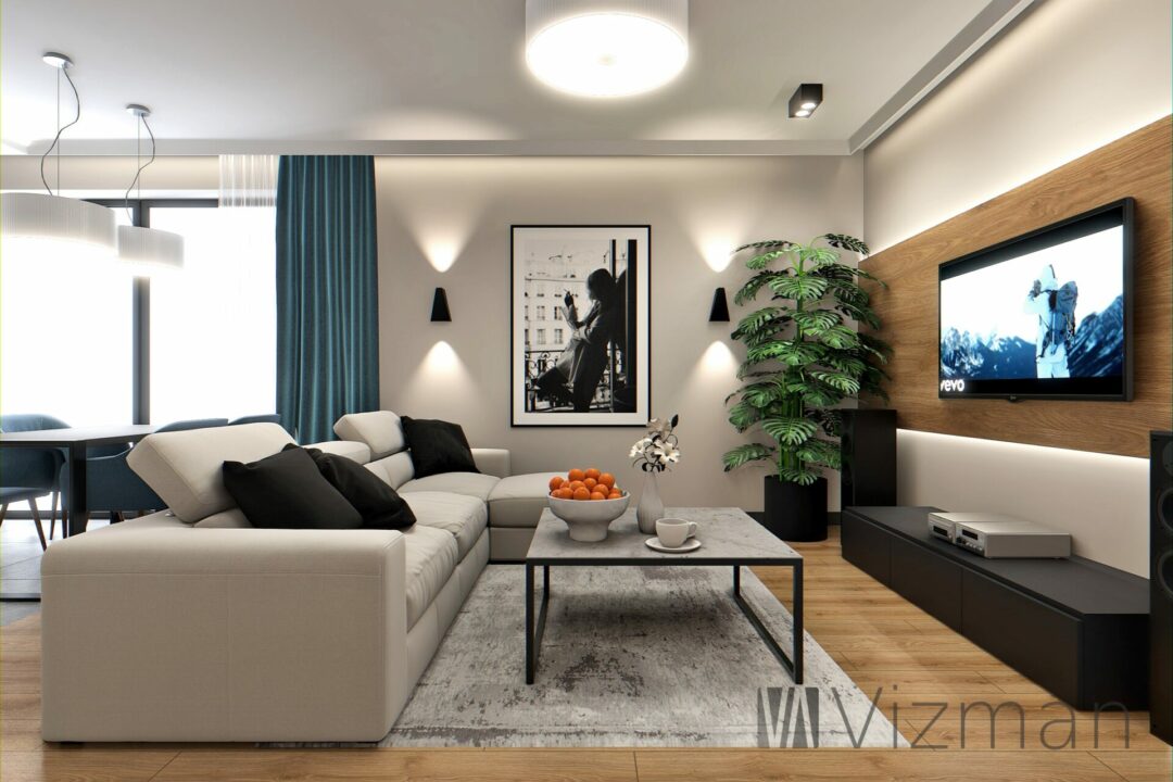 Projekt wnętrz Bytom salon z kuchnia
