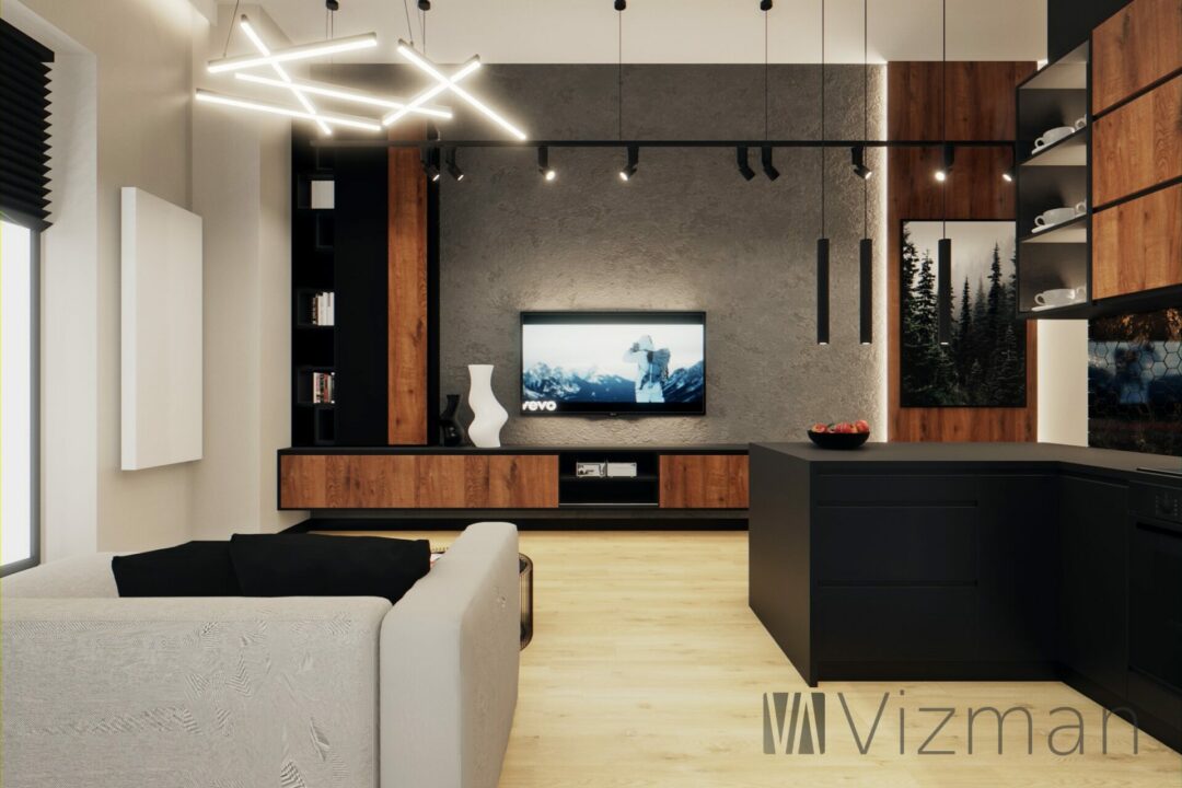 Projekt wnętrz Katowice salon z kuchnia