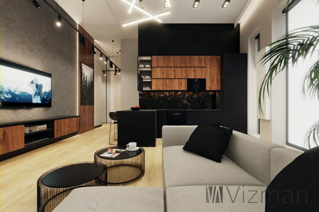 Projekt wnętrz Katowice salon z kuchnia