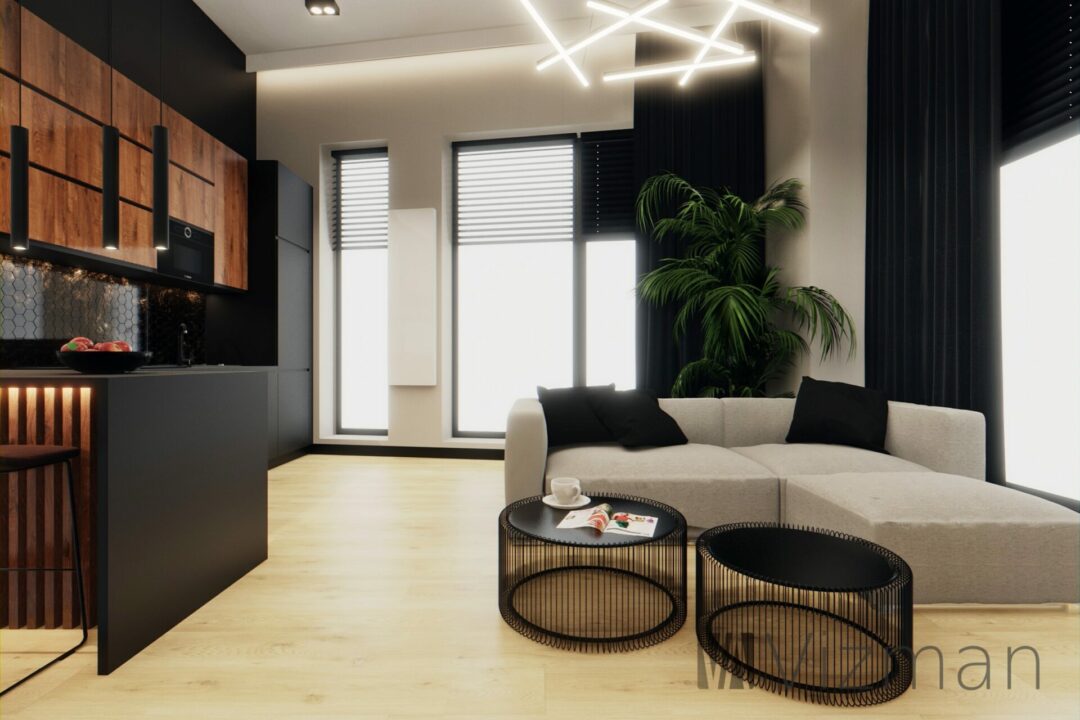 Projekt wnętrz Katowice salon z kuchnia