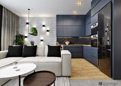 Projekt wnętrz mieszkanie Katowice salon z kuchnią