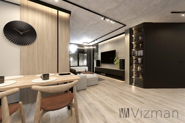 Nowoczesny projekt wnętrz, połączenie japandi i industrialu Katowice